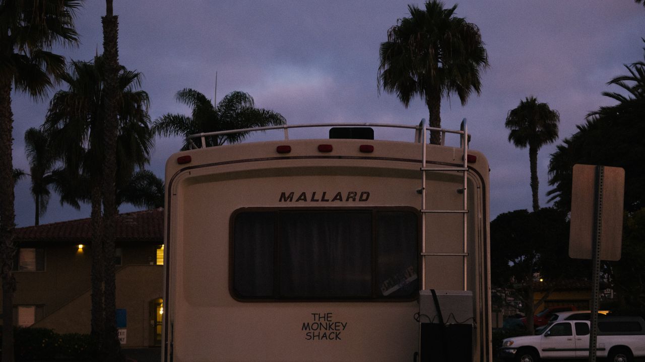 A retro RV parked under palm trees at dusk, capturing a tranquil outdoor scene.